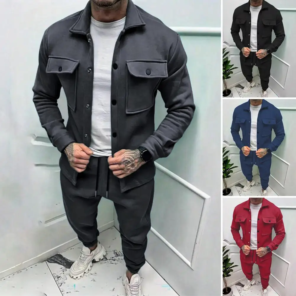 Men Two-piece Suit Set Winter Thick Warm Casual Suit Outfit Long Sleeve Coat Long Trousers Set Fashion Men\'s Activewear Outwear