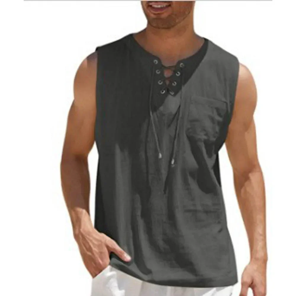 Summer Linen Shirts Men\'s Casual Leeveless Vest Bandage Lace Up Blouse Retro V Neck Fashion Loose Shirt Male SolidColor Tees Top