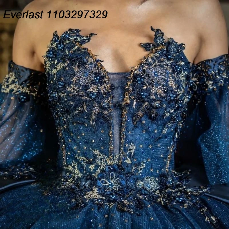 EVLAST Customized Navy Blue Quinceanera Dress Ball Gown 3D Flowers Applique Beading Corset Sweet 16 Vestidos De 15 Anos TQD705