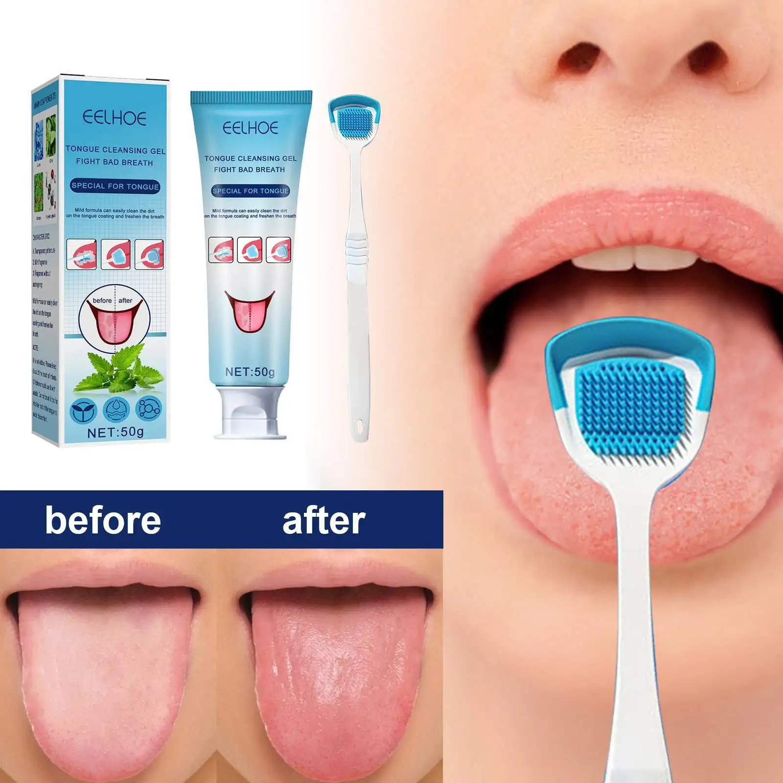 50g Tongue Coating Cleaning Gel With Brush Care Oral Freshen Breath Gel Cleaner Toothbrush Hygiene Care Tools