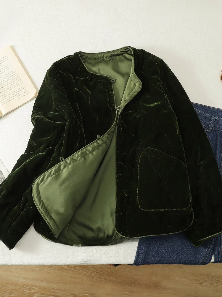 

Vintage Velvet Cotton Jaet Women's Winter Thiened Warm ort Coat Sli Commute Loose Fit Long Sve round Ne Button