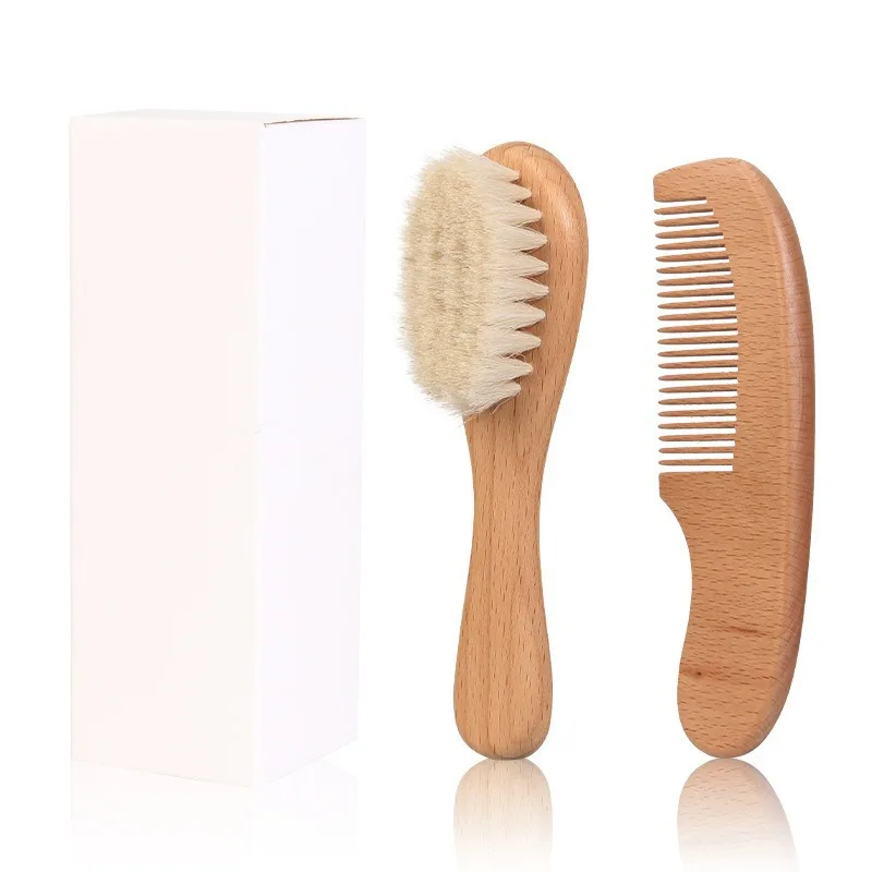 2pcs Baby Hair Brush and Comb Set Newborn Wood Comb Hair Bath Shower Soft Mini Wool Baby Care Brush Infant Head Massager Comb