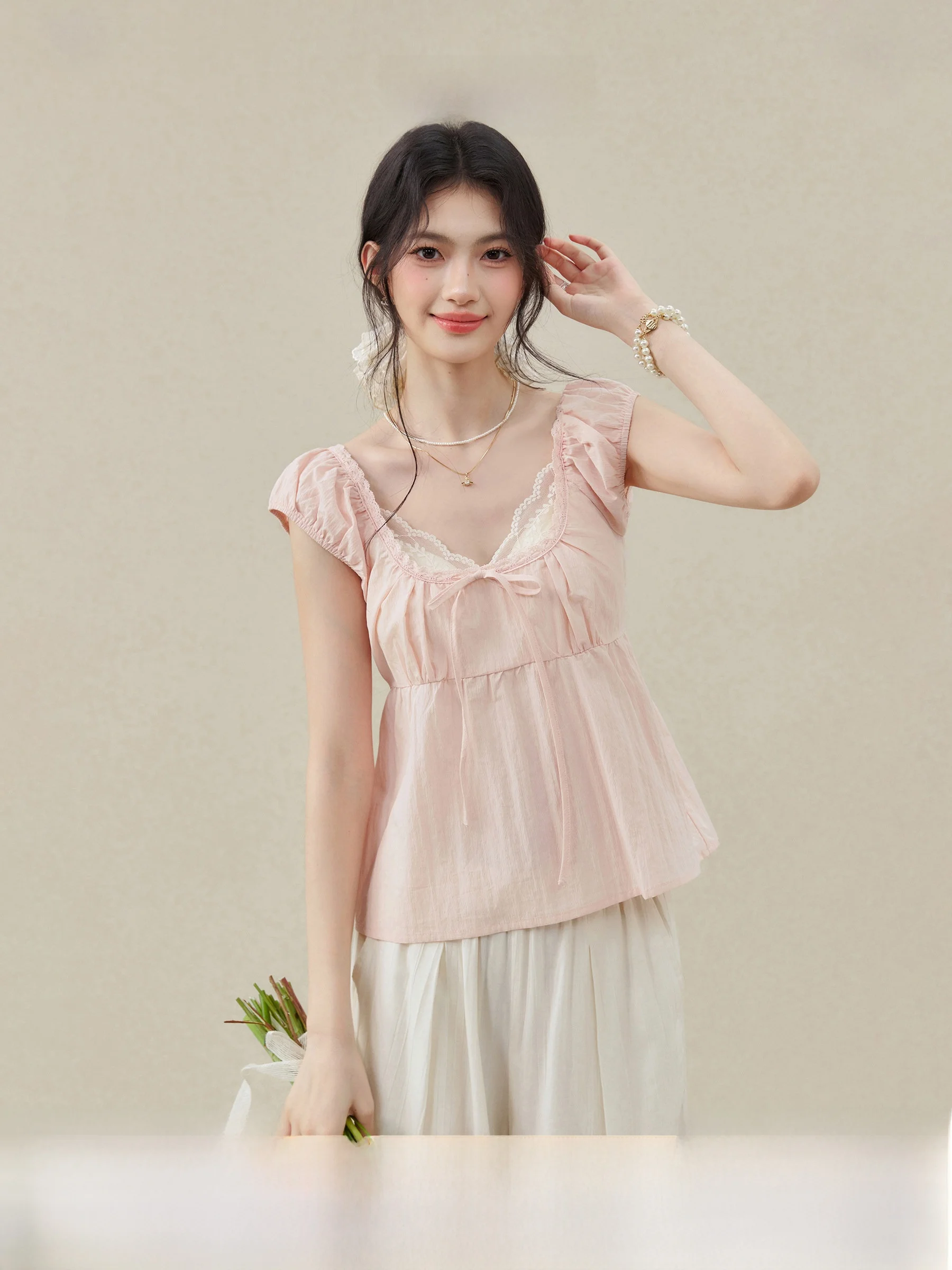 

Женская летняя рубашка свободного кроя с рукавами-фонариками и кружевной отделкой, с квадратным воротником, розовая, больших размеров, элегантная, в стиле Sweet Style, для старших сестер