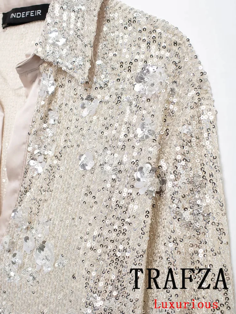 TRAFZA Vintage Chic Sequined Women Blouse Long Sleeve Turn-down Collar Single Breasted Blouse Fashion 2024 Autumn Winter Shirts