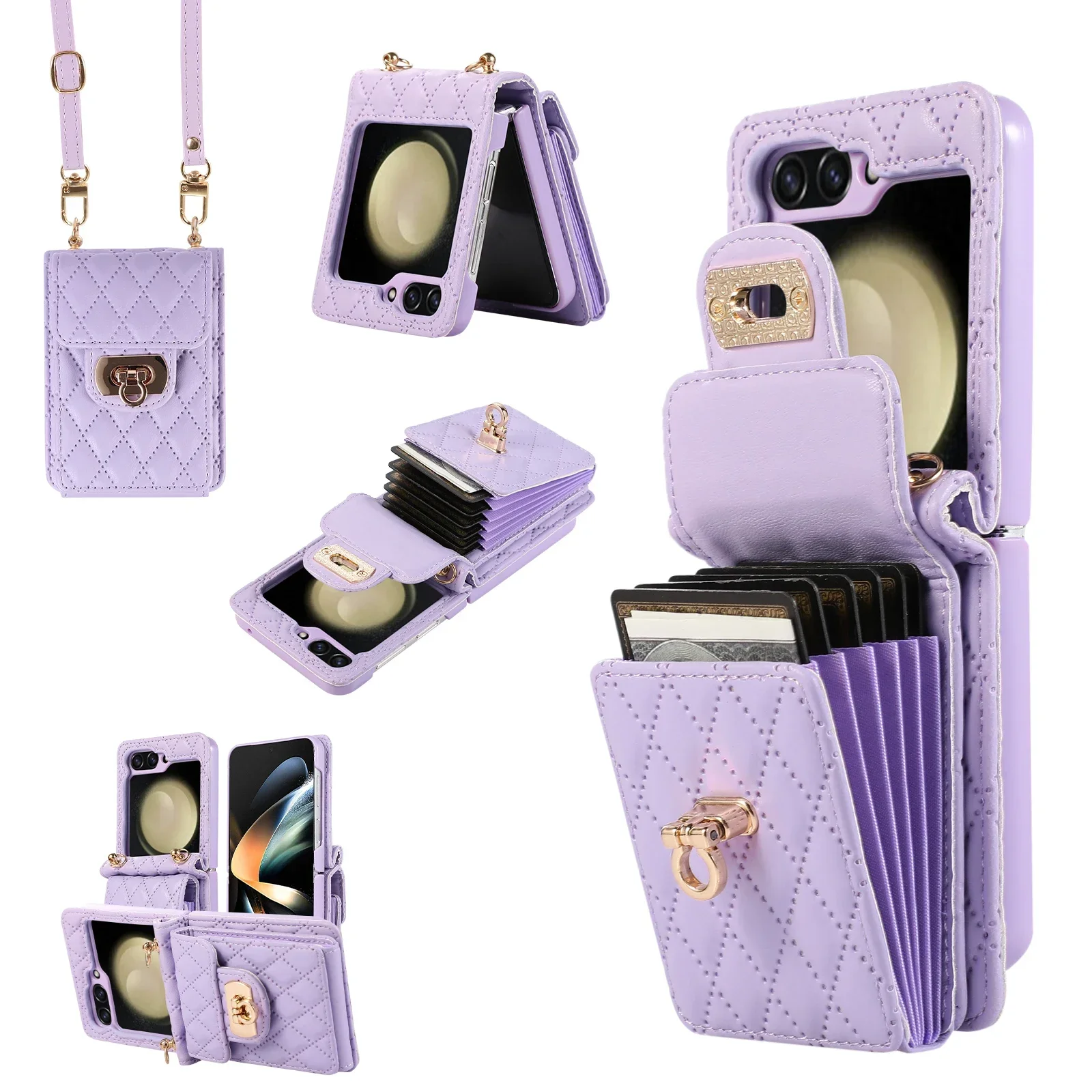 Leather Crossbody Multi Wallet Cards Slot Phone Case For Samsung Galaxy Z Flip 8 7 6 5 4 3 Metal Buckle Shockproof Back Cover