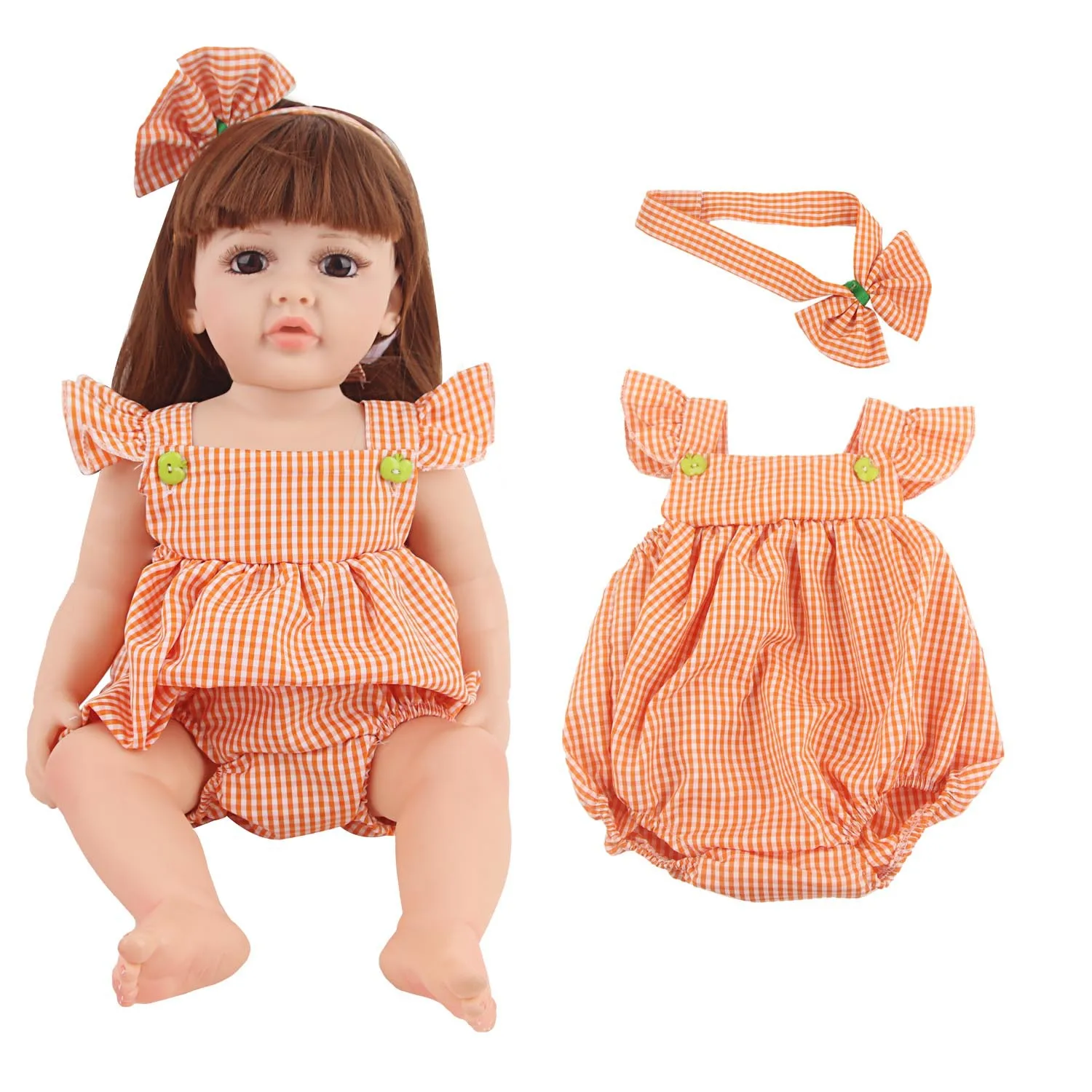 55cm Baby Girl Doll Dress Yellow Plaid Skirt+Hairband Outfit Clothes Suit For 22 Inches Reborn Girl Baby Doll Accessories Toy