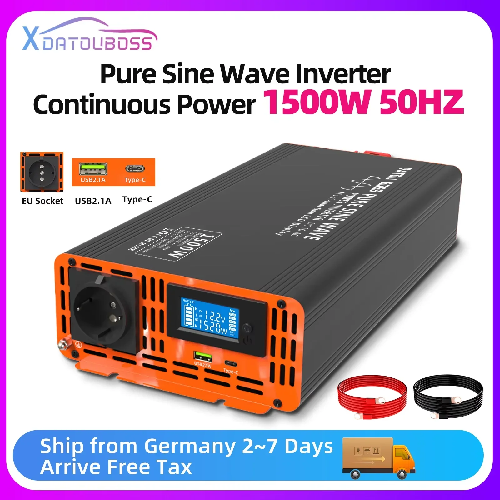 DATOUBoss Inwerter Konwerter 12V 220V 24V 50HZ 1500W Konwerter Napięcia DC na AC Zasilacz Gniazdo EU Dostawa z UE