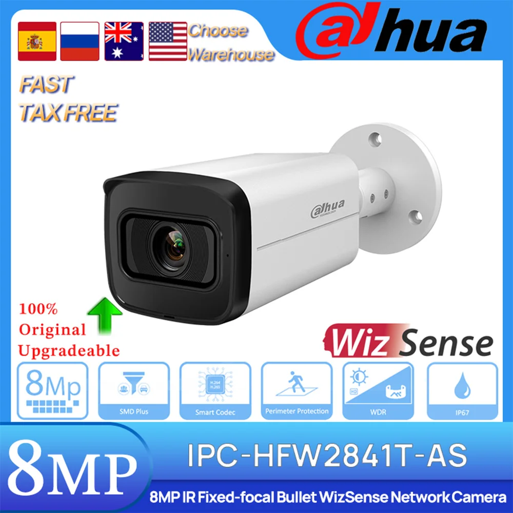 Dahua Original IPC-HFW2841T-AS 8 MP 80M IR Fixed-focal Bullet WizSense POE Network Camera Perimeter Protection Smart Search IP67