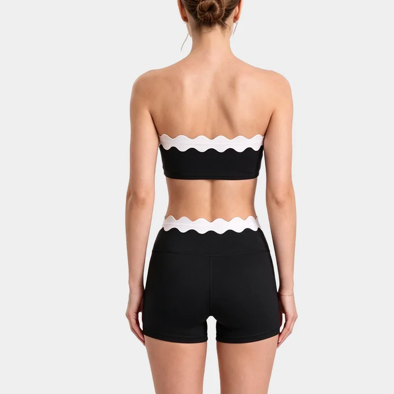 Lace Trim Women 2 Piece Active Set Strapless Bandeau Tube Top Athletic Shorts For Pilates Solid Color Yoga Gym Sports Daily Wear