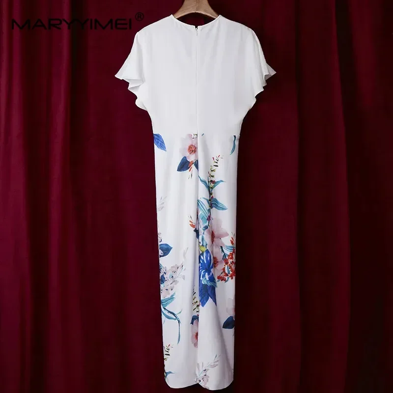 MARYYIMEI أنيقة زهرة طباعة فستان أبيض طويل المرأة مثير الخامس الرقبة قصيرة الأكمام حزمة الأرداف سليم الصيف المدرج فساتين