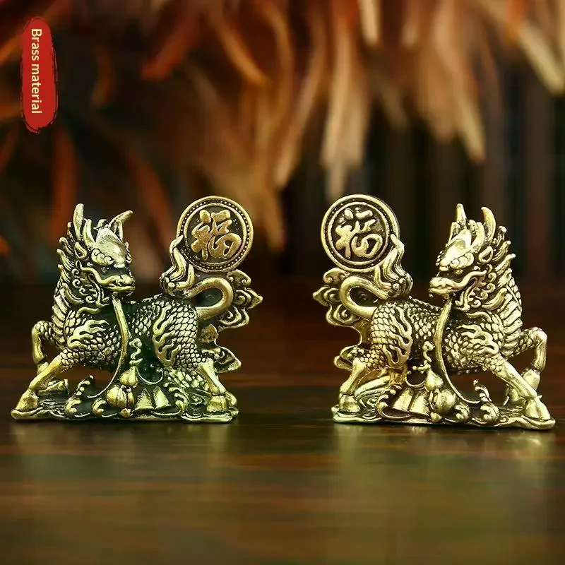 2pcs/set Brass Fu Character Kirin Small Ornament Home Office Copperware Tea Pet Decoration