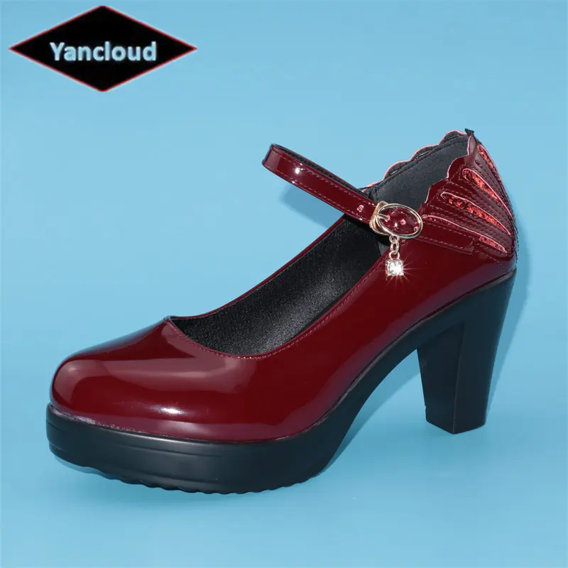 

Yancloud Small Size 32-43 Patent Leather Mary Janes Mother Platform Shoes 2022 Womens Shallow Block Med Heels Pumps Work Dance