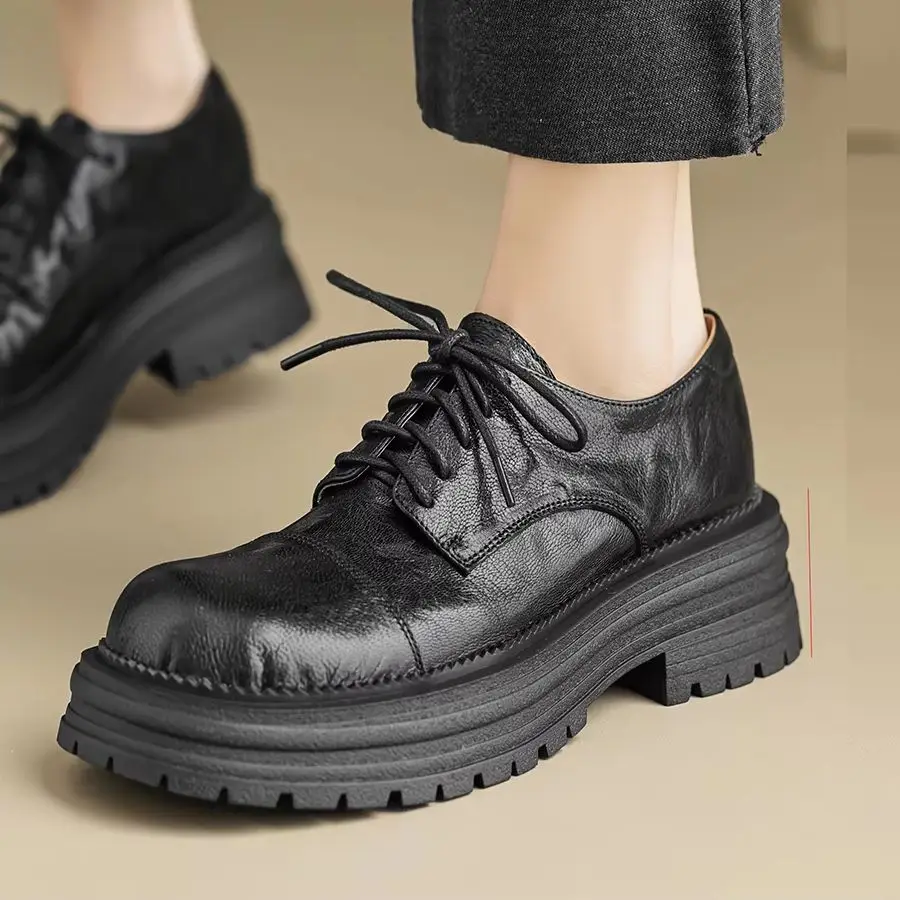 EAGSITY Retro Cow Leather bulky toe oxford shoes women's shoes round toe chunky leather shoes block heel platform derby shoes