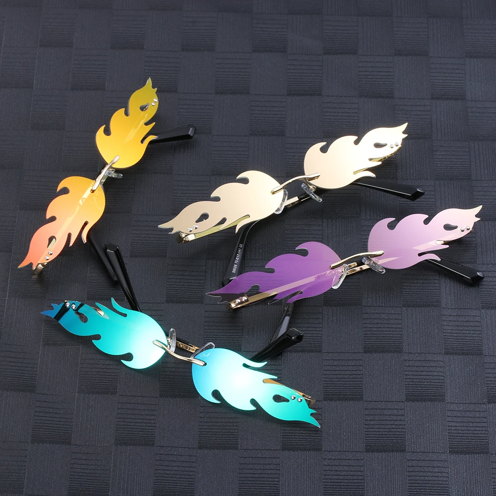 نظارات شمسية ضيقة رائجة UV 400، نظارات شمسية عصرية، نظارات شمسية مموجة بدون إطار لهب النار