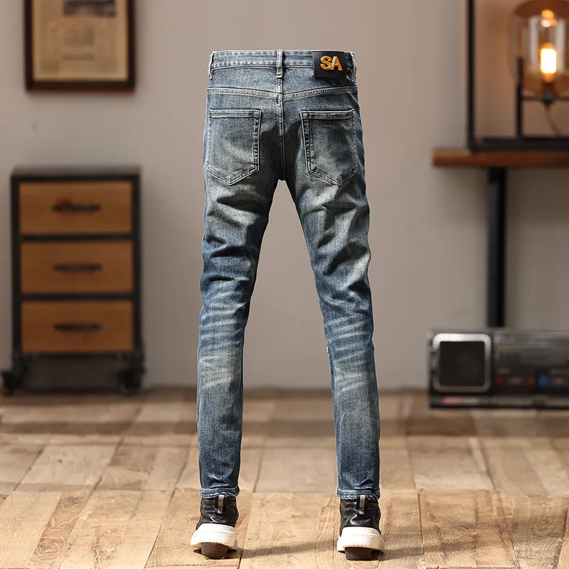 Embroidered Jeans Men\'s Stitching Patchwork Trendy Retro Slim Fit Light Straight-Leg Personality Street Motorcycle Trousers