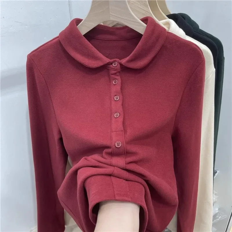 European Style Sensibility Lapel Button Pullover Thickened Double-Sided Fleece Small Shirt Women's Autumn/Winter New Unique Base