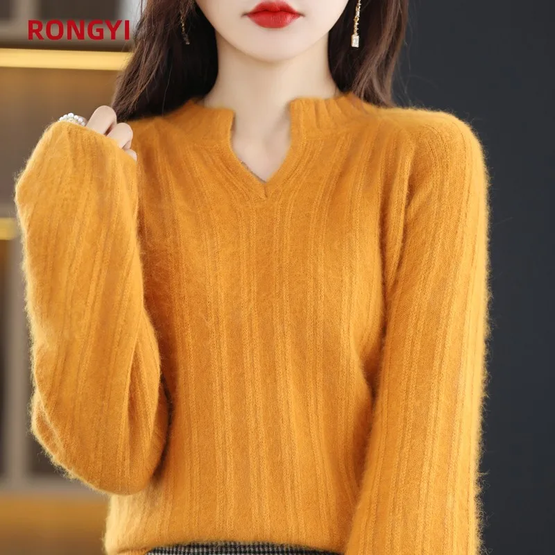 RONGYI Women New 100%pure Mink Cashmere Sweater Fashion Large Size Pullover Autumn Winter Warm Loose Puff Sleeve Knit Female Top