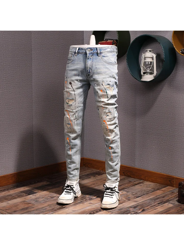 High-End Heavy Industry Retro Paint Print Jeans Men's Street Graffiti Stretch Ripped Patch Skinny Pants