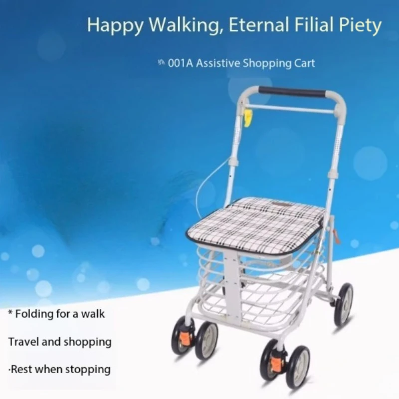 Foldable and openable temporary seat trolley, grocery shopping cart, walking aid, elderly shopping cart, small pull cart