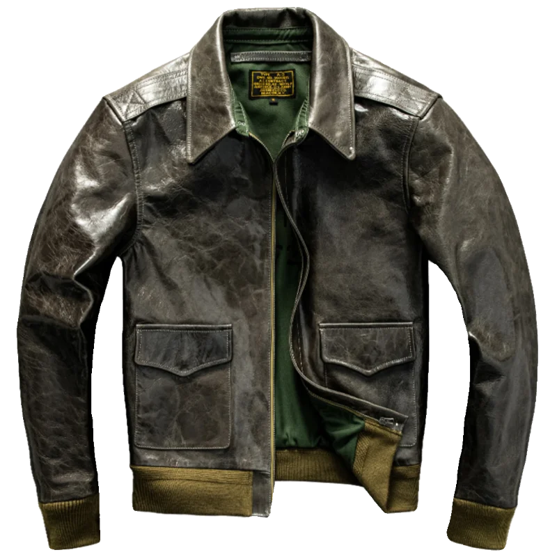 Olive Green Classic American Retro A-2 Flight Jacket Men's Short-Style Jacket Hybrid Goatskin Vegetable-Tanned Genuine Leather