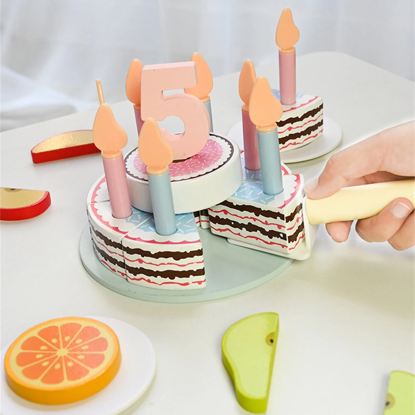 Wooden Birthday Cake Toy Miniature Food Wooden Cutting Birthday Cake Toys Food Set Learning Educational Montessori Party Toys