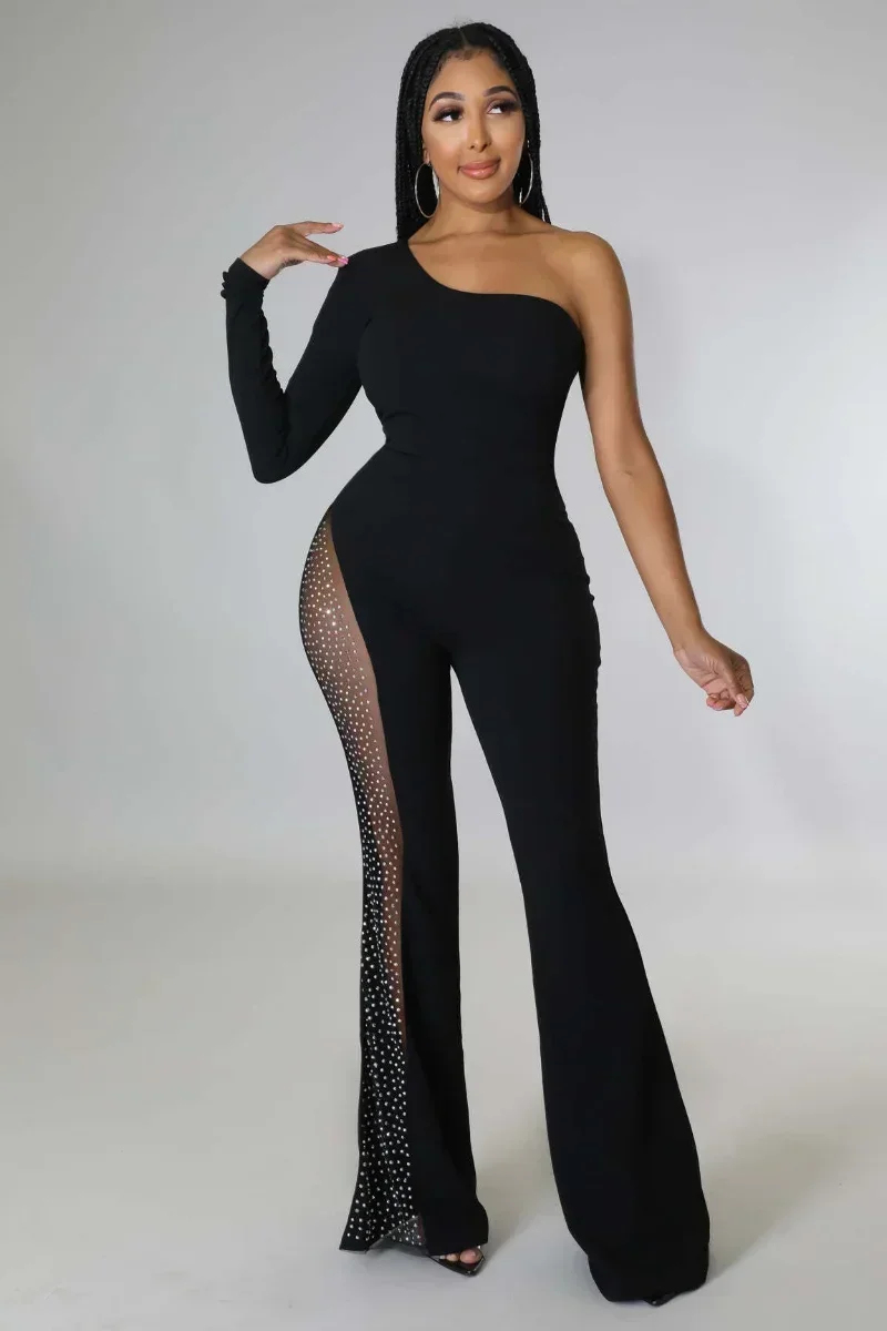 KEXU Short Sleeve One Shoulder Diamonds Mesh Patchwork Straight Wide Leg Women Jumpsuit  Sexy Playsuit One Piece Set