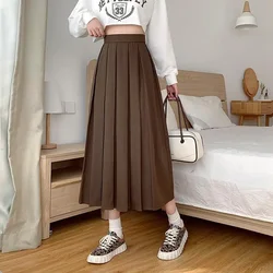 HOUZHOU Vintage Brown Pleated Long Skirts Women Korean Fashion High Waist Chic Elegant A-line Midi Skirt for Girls Preppy Style