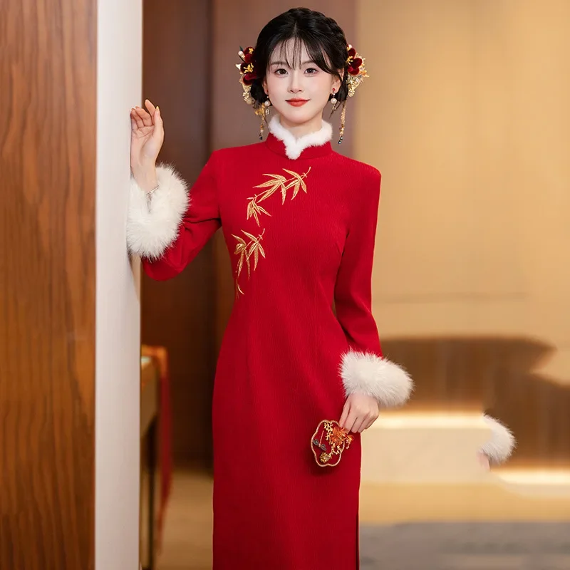 Roupas de inverno vermelhas bordadas estilo chinês diário longo cheongsam vestido qipao retrô de manga comprida para mulheres jovens