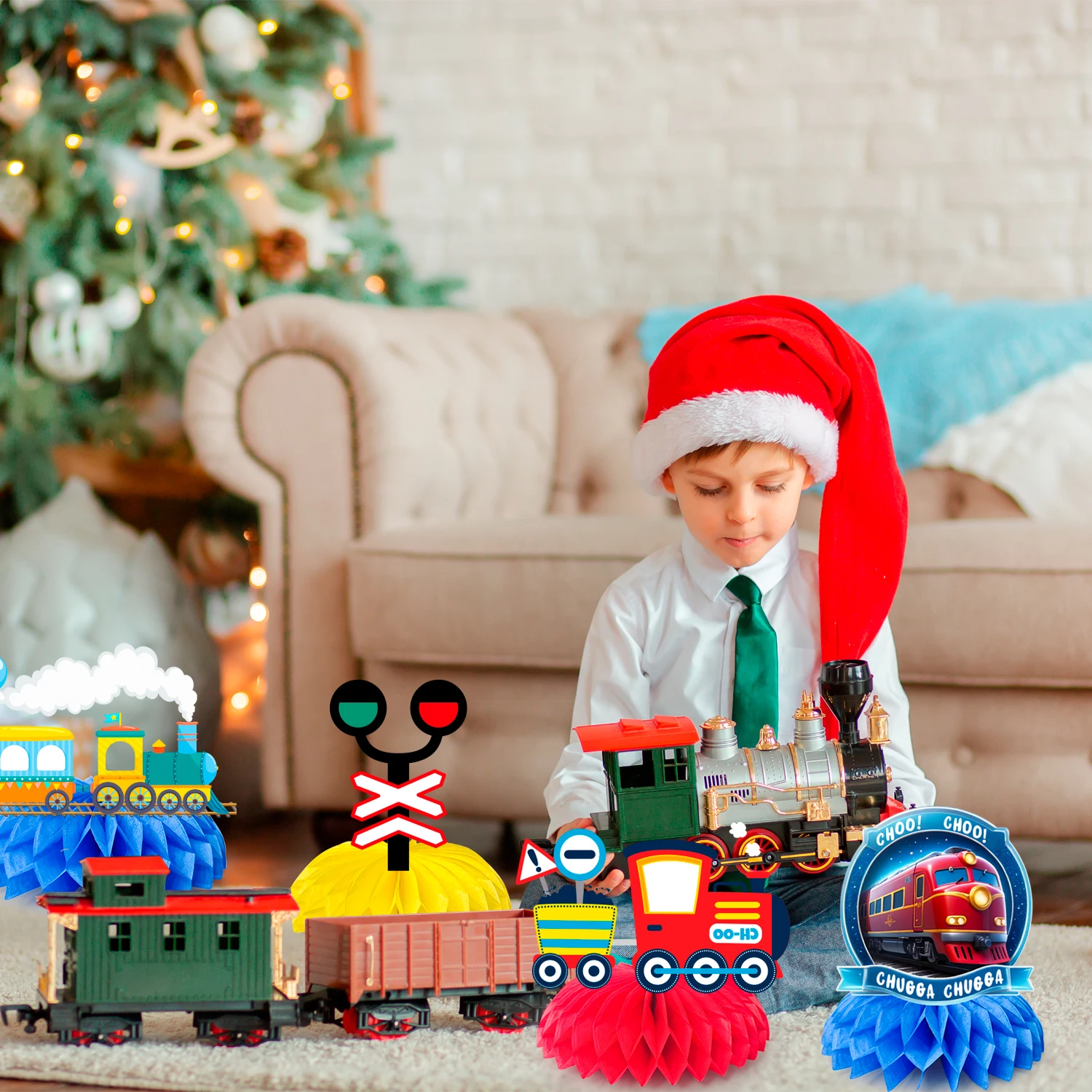 Railroad Train Honeycomb Centerpieces,9pcs Railway Train Party Centerpieces&Railroad Crossing Sign Decoration for Kids\' Party