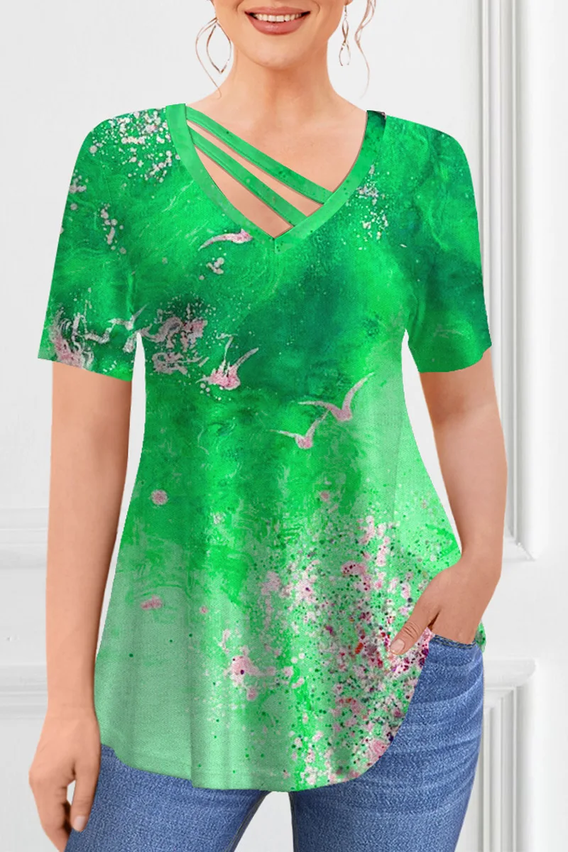 

Flycurvy Plus Size Casual Green Lace-Up Texture Print Blouse