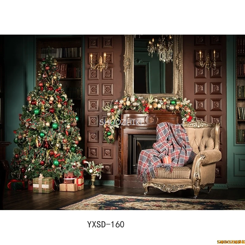 Shuozhike-クリスマステーマ屋内写真背景、クリスマスツリー、暖炉、ポートレート、写真の背景、YXSD-06