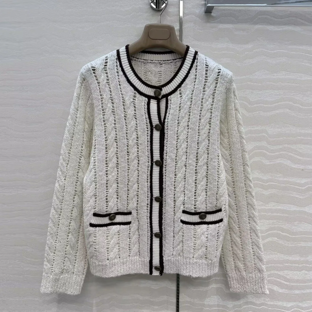Luxury Embroidery Sequins Striped Edge White Knitted Cardigans Women New Autumn Hollow Out Twist Crochet Old Money Style Sweater