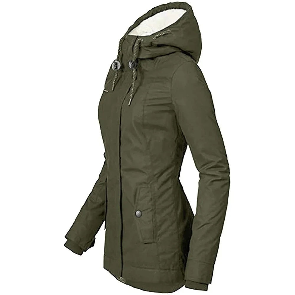 Zipper Outdoor Jacket for Women Warm Windproof Waterproof Mountaineering Hooded Coat Autumn Winter Long Sleeve Solid Color Tops