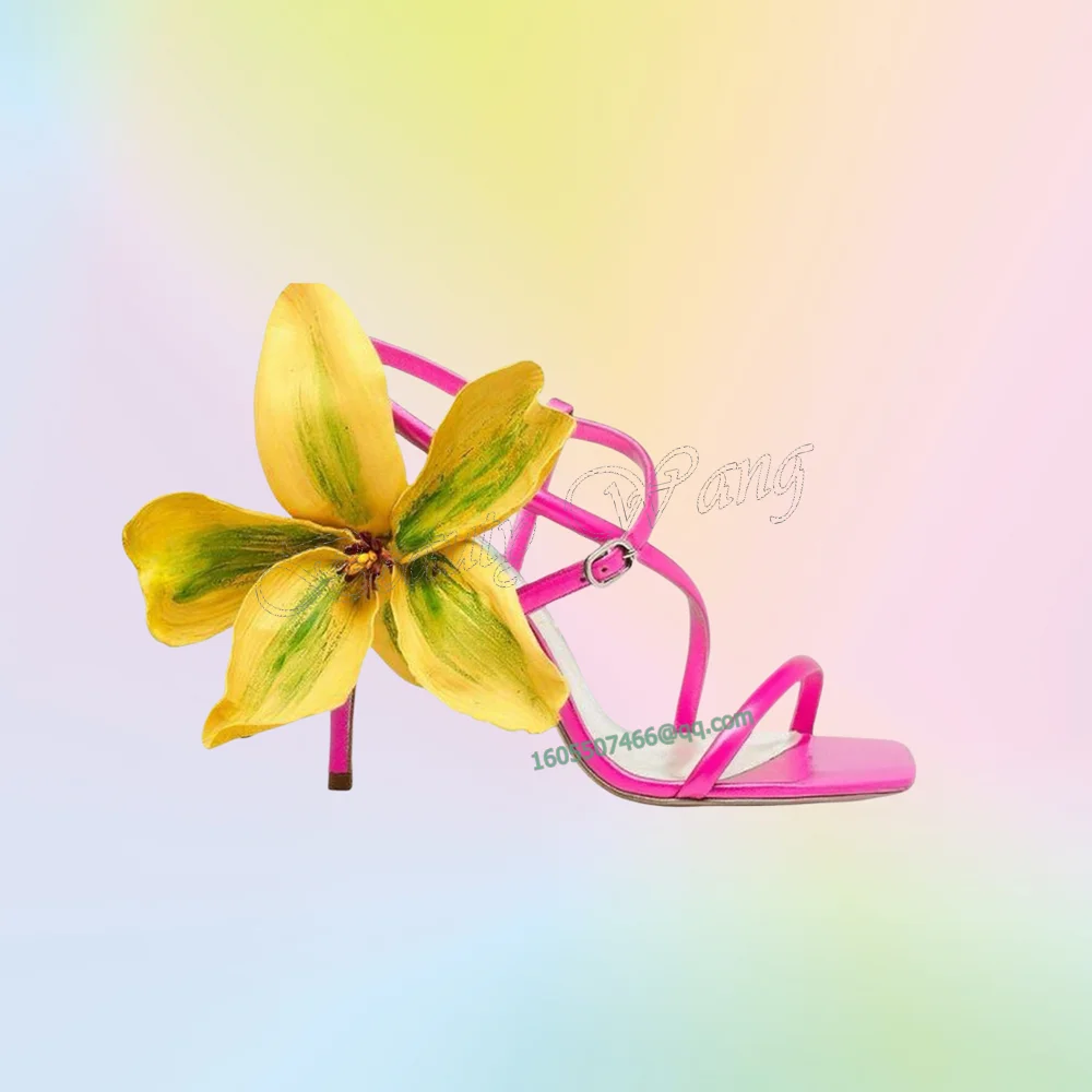 

Желтые сандалии с большим цветочным декором, туфли с открытым носком, туфли на высоком каблуке-шпильке, женские туфли на тонком высоком каблуке, 2025, Zapatos Para Mujere