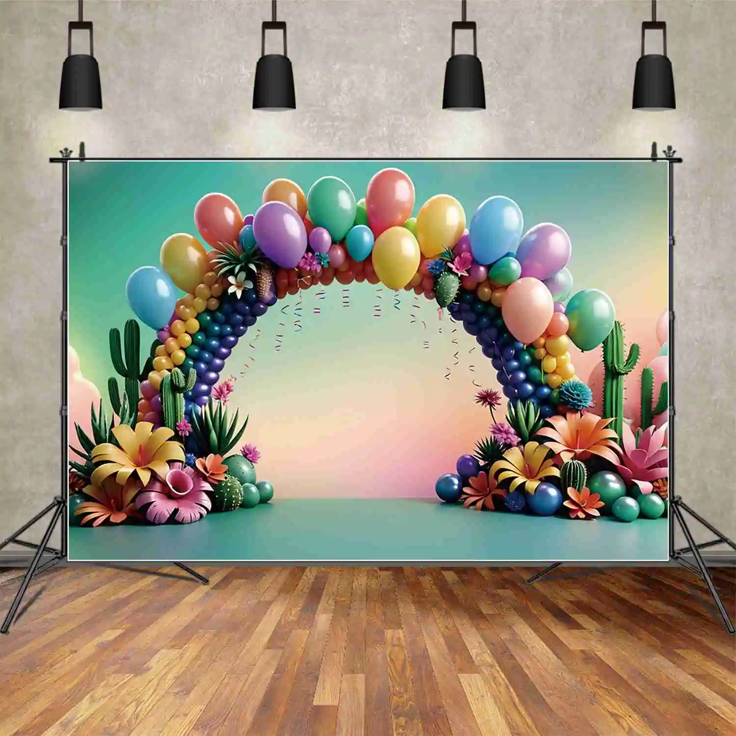 MOON.QG Balloon Arch Photography Backdrop Baby Cactus Gradient Birthday Party Photo Backgrounds Customized Tropical Studio Props