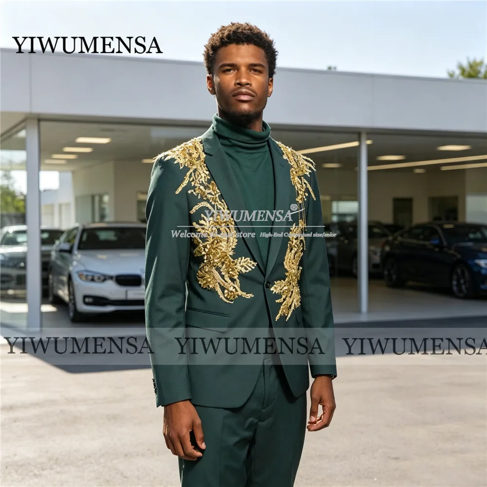 

Роскошный мужской костюм для свадьбы с золотыми бисерными аппликациями, блейзер для выпускного вечера, индивидуальный пошив, смокинг для жениха, наряд для официальных мероприятий, торжественный костюм для мужчин.