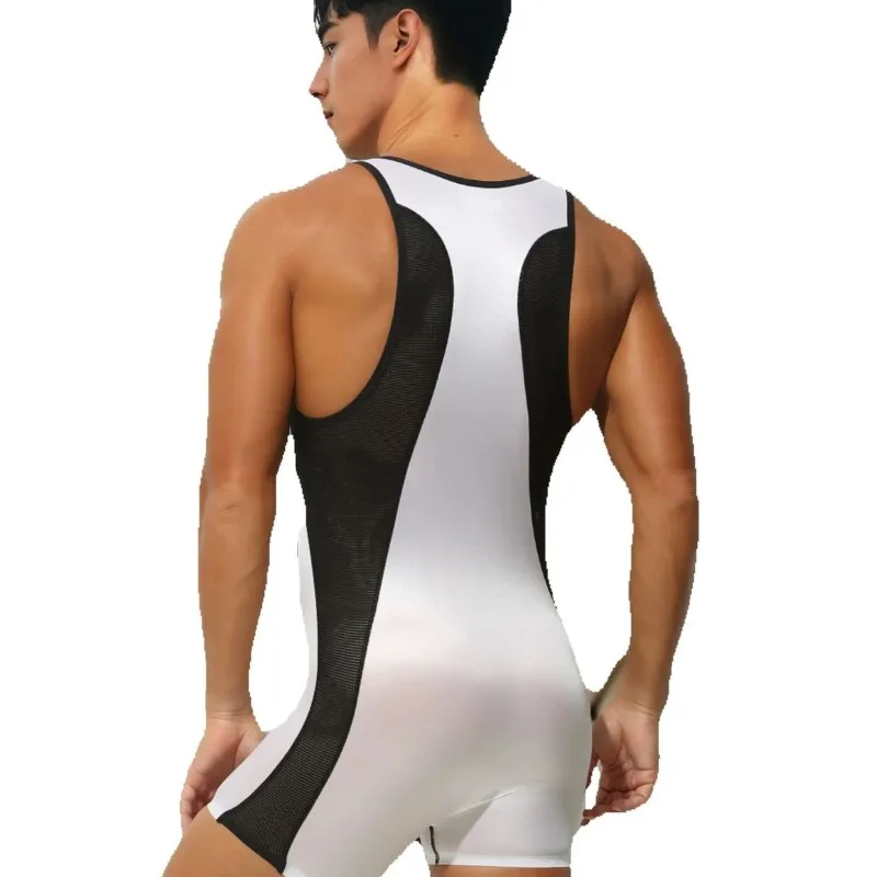 Ice Silk One-Piece Suit Sexy Men's Bodysuit Strap Vest Boxer Shorts Fitness Sports Compression Jumpsuits High Elastic Jumpsuits