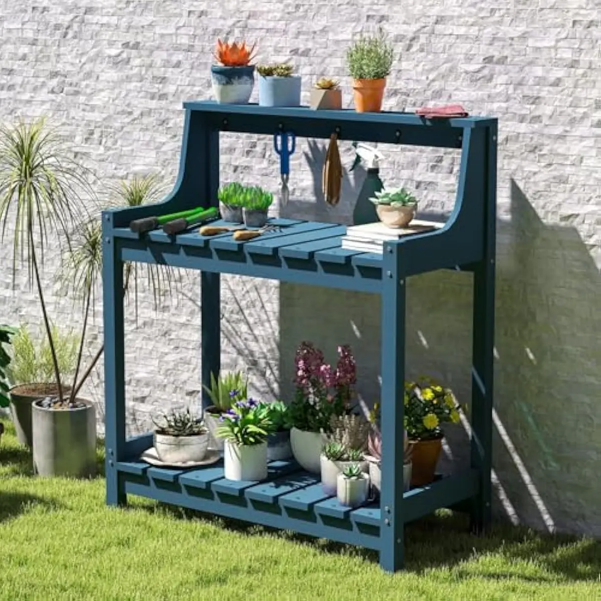 3-Tier Outdoor Potting Station in Blue HDPE with Wood-Grain Texture • 43.3 Inch Ergonomic Height • Weatherproof UV-Resistant Con