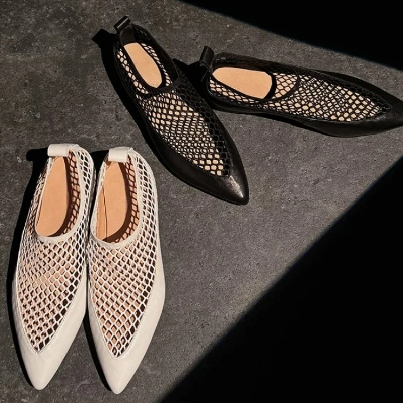 Womens Mesh Flats Pointed Toe Slip On Comfort Walking Shoes Hollow Out Breathable Loafers Smooth Leather Minimalist Elegant Chic