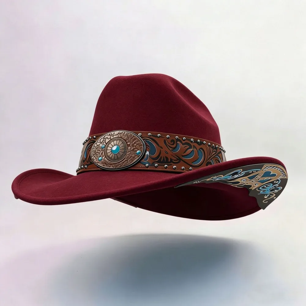 Turquoise Decor Western Cowboy Hat Vintage Embossed Band Wide Brim Sun Hat Retro American Style Cowgirl Hat For Women Man