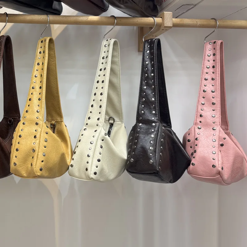 Vintage Rivet Women Shoulder Bags Motorcycle Style Underarm Bag Luxury Soft Pu Leather Crossbody Bag Retro Trend Handbags 2026