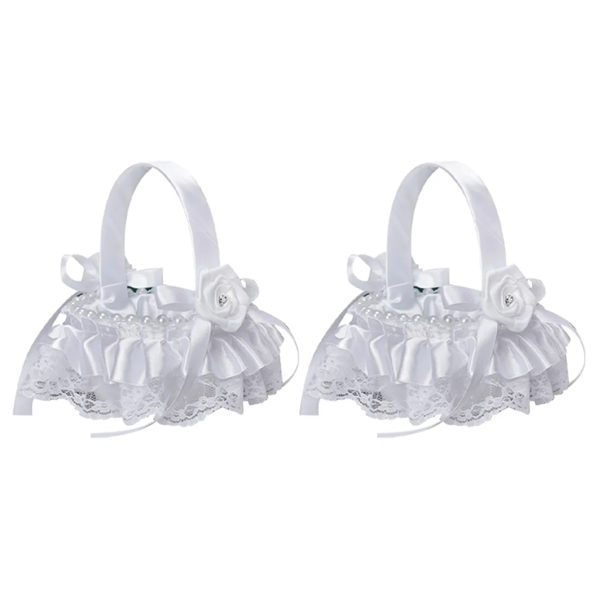 2Pcs White Flower Girls Basket Wedding Basket for Flower Bride/Kids Hand Held Wedding Ceremony Party Decorations,E