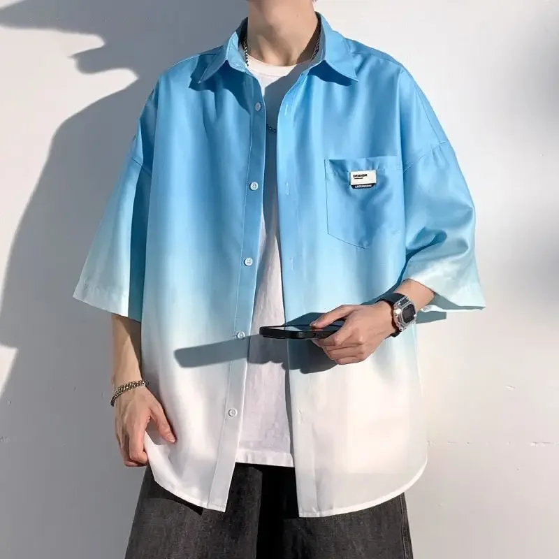 남성용 아이스 실크 셔츠, 반팔, 한국 스타일, 포켓 싱글 브레스트 상의, 얇은 통기성, 하라주쿠 아우터, 2024 여름