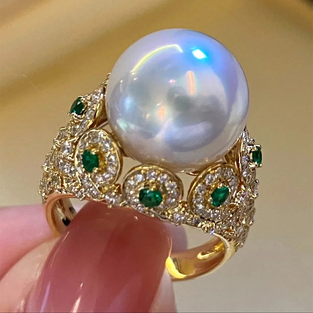 Big White Pearl Women Cocktail Bridal Ring K Yellow Gold Flower Round Girl Rings Anel Party Wedding Anniversary Jewelry