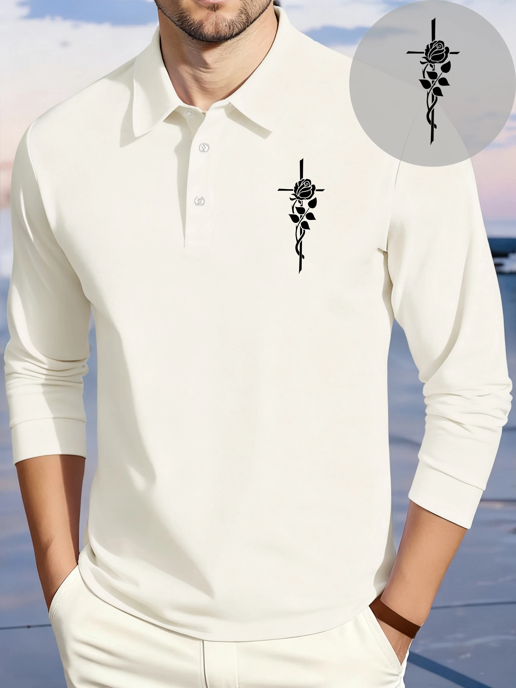 Polo con estampado de cruces y flores para hombre, camisetas suaves de negocios con cuello y solapa, ropa de calle informal de lana de manga larga Unisex