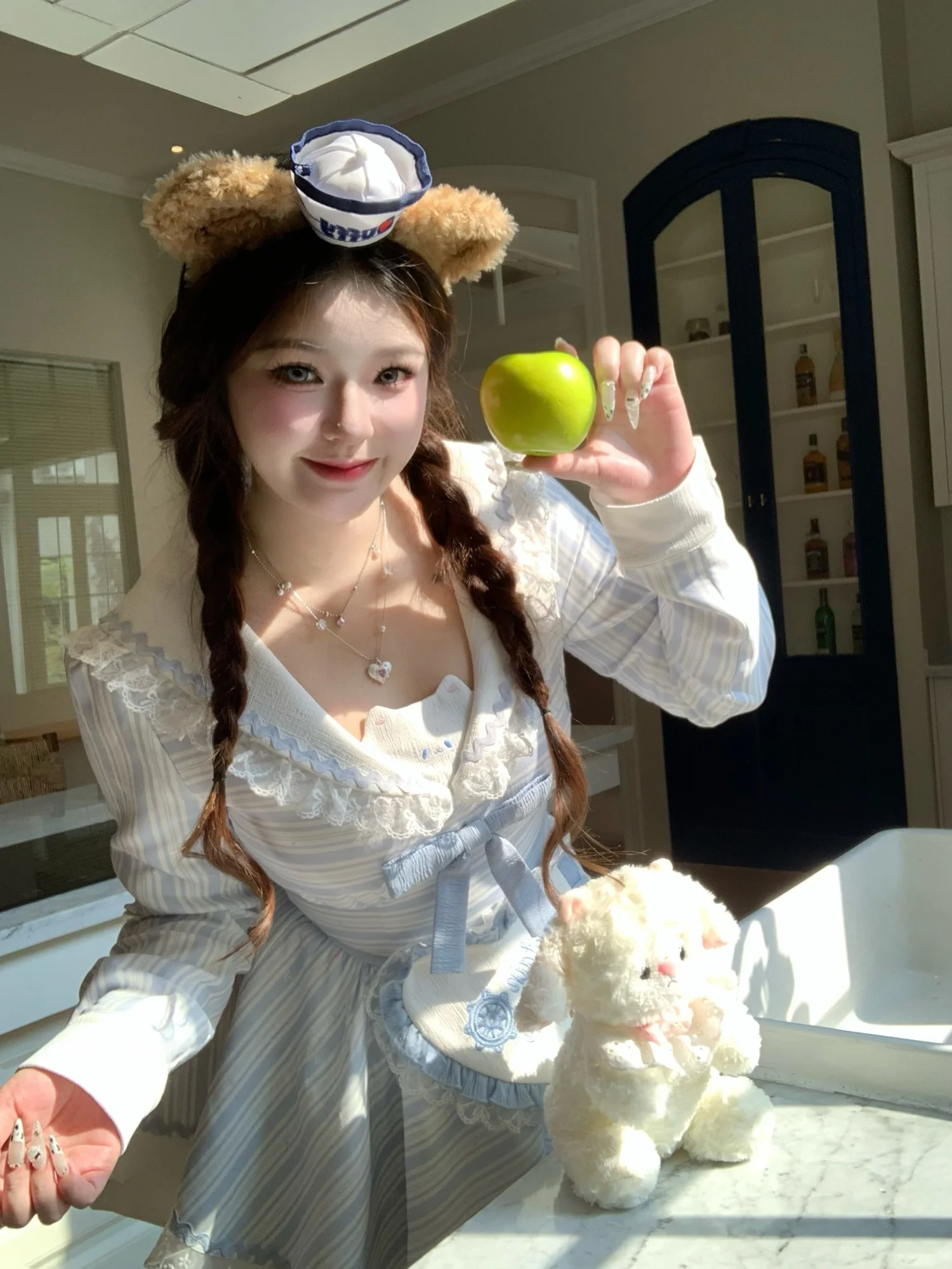 

Sweet Blue Striped Puffy Sleeve Long Dress for Plump Girls High Waist A-Line Skirt V-Neck Daily Wear Standard Fit Knot