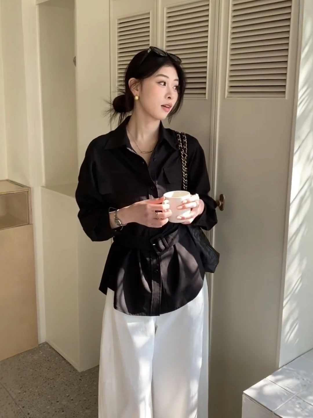 

Korean Sle Long Sve Collar irt Women's Faion Spring Belted Waist in Commute Ele Top Bla irt