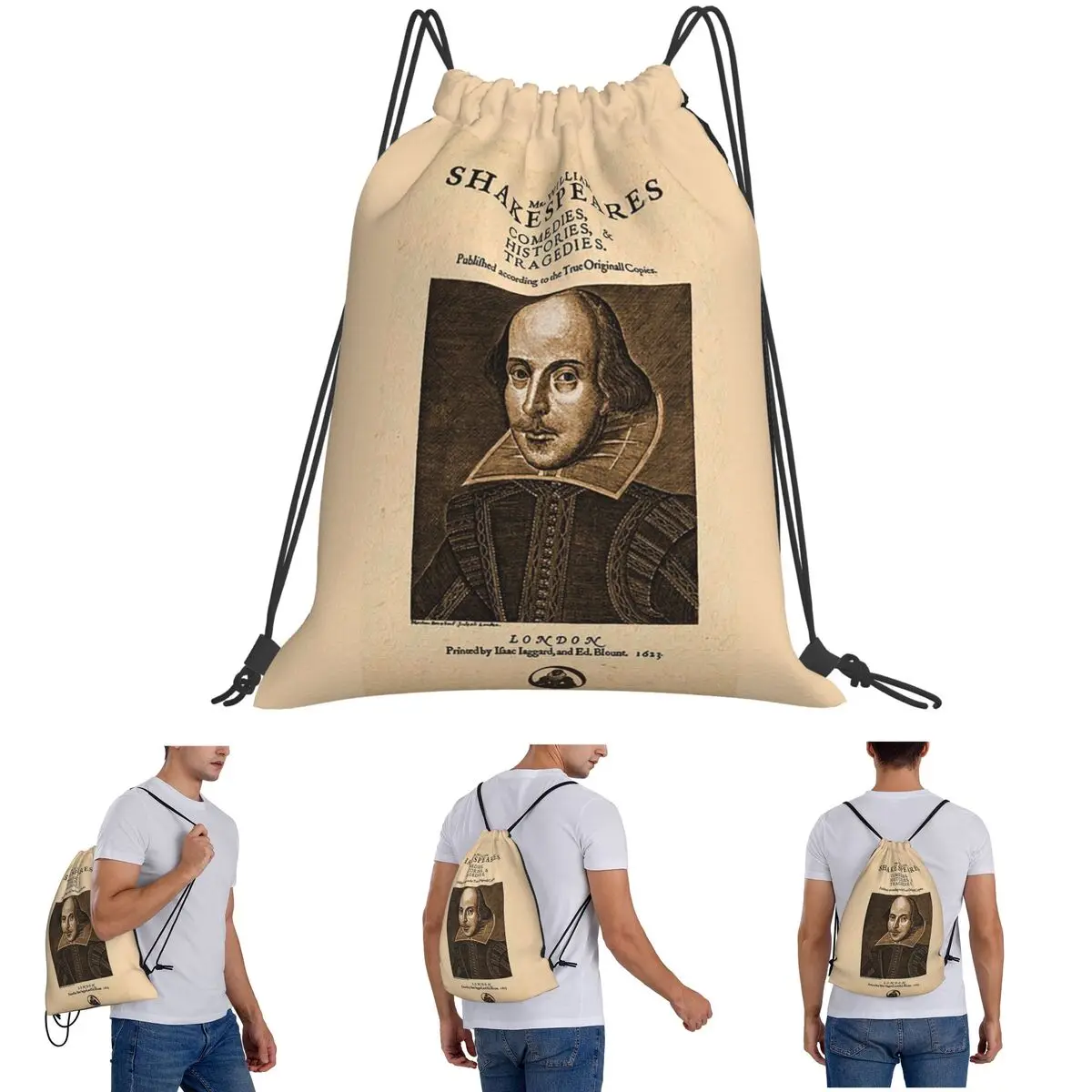 Mochilas con diseño de la portada del First Folio de Shakespeare, bolsa deportiva con cordón y bolsillo, bolsas para libros para hombres, mujeres y estudiantes