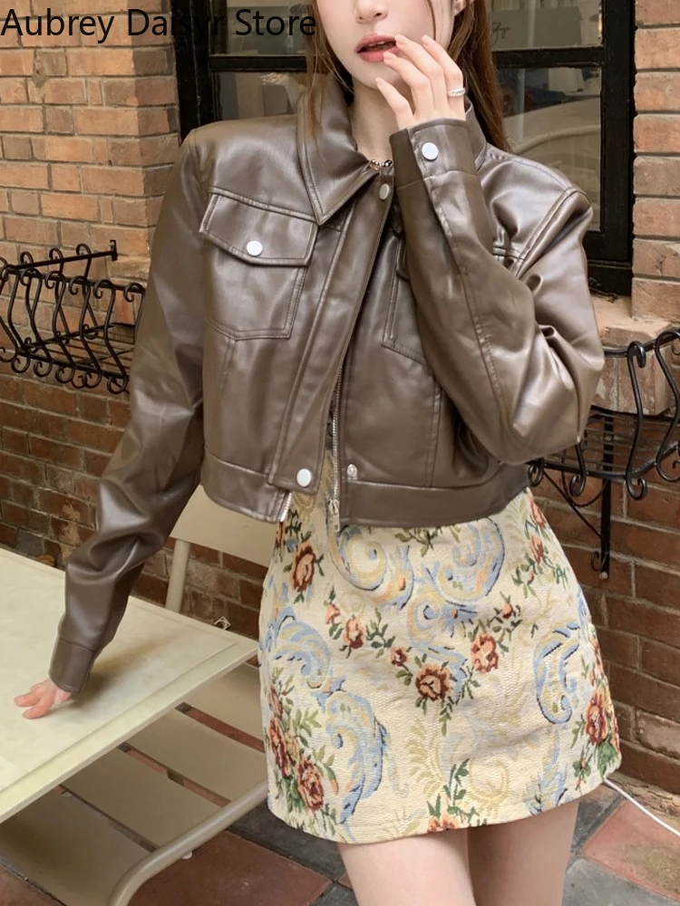 Brown Cropped Leather Jacket Women Autumn Streetwear Moto Biker Zipper Leather Jacket Winter Warm Vintage Casual Leather Coat