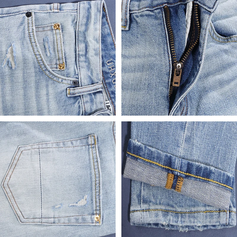Street Designer Fashion Men Jeans Retro Light Blue Stretch Slim Patched Ripped Jeans Men High Quality Y2K Vintage Denim Pants